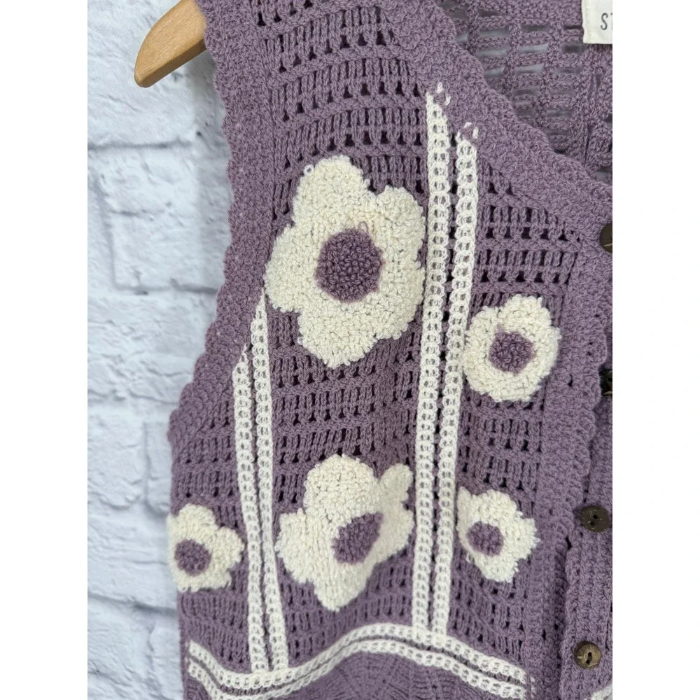 Stormi Wren Crochet Floral Sweater Vest Lavender Boho Cottagecore Button Front S